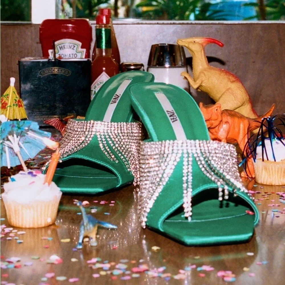NWT. Zara Green Sparkly Heeled Sandals with Rhinestone Fringe. Size 9. - Picture 3 of 6